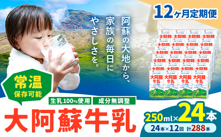 【12ヶ月定期便】牛乳 常温保存可能 成分無調整 生乳100％使用 大阿蘇牛乳 紙パック 250ml×24本 計288本 合同会社たべたせいか《申込月の翌月から出荷開始》熊本県 菊池市 牛乳 乳飲料 乳性飲料 ドリンク 飲み物 飲料 セット ロングライフ 熊本県産---016-1619---