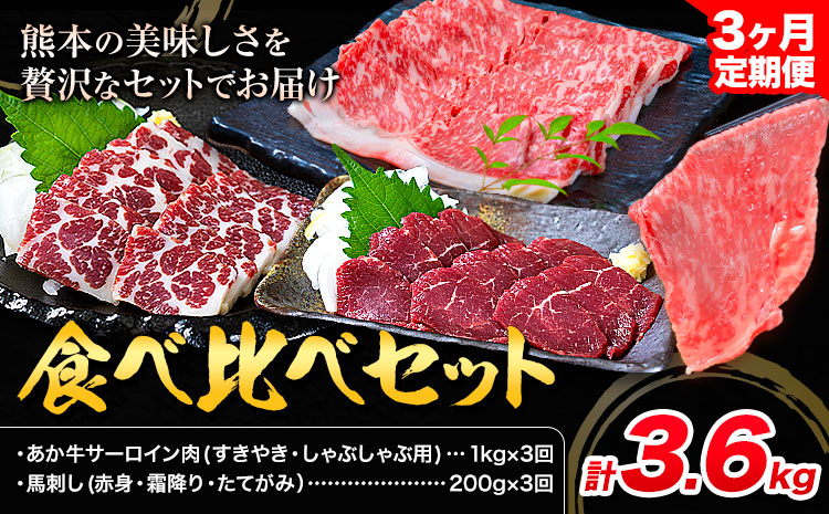 あか牛 すきやき・しゃぶしゃぶ用 サーロイン肉1kg・馬刺し200g 食べ比べセット 3ヶ月定期便 計3.6kg 合同会社たべたせいか《お申し込みの翌月から出荷》牛肉 和牛 馬刺し セット 熊本県産 送料無料 ---069-1219---