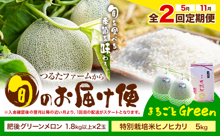 【全2回定期便】つるたファームから旬のお届け便 まるごとGreen 特別栽培米 ヒノヒカリ 5kg 肥後グリーン メロン 2玉 株式会社七城の恵み《メロン5月・米11月出荷予定》熊本県 菊池市 米 メロン ひのひかり 定期便 つるたファーム---126-1593---