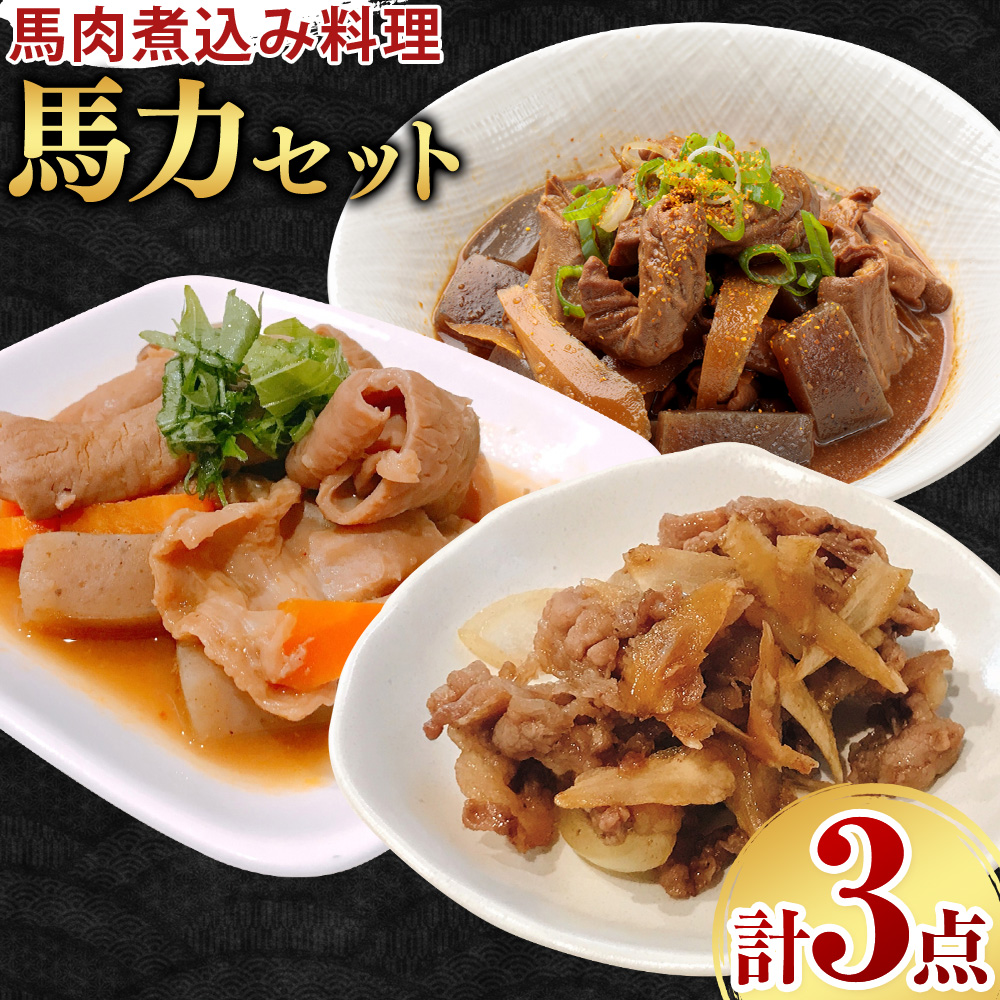 馬力セット 3種類 セット 計630g ホルモン煮込み しぐれ煮 スジ煮込み 株式会社有働精肉店《30日以内に出荷予定(土日祝除く)》熊本県 菊池市 おつまみ 惣菜 馬肉 ホルモン すじ肉 熊本県産 九州産 国産 冷凍 送料無料---181-2484---