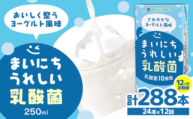 常温保存可能【1ヶ月毎12回定期便】まいにちうれしい 乳酸菌 ヨーグルト風味 250ml×24本 計288本 合同会社たべたせいか《お申し込みの翌月から出荷》熊本県 菊池市 紙パック ヨーグルト飲料 乳酸菌 ドリンク 飲み物 飲料 常温保存 国産 熊本県産 ---0016-3086---