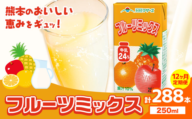 常温保存可能 【1ヶ月毎12回定期便】フルーツミックス250ml×24本 計288本 合同会社たべたせいか《お申し込みの翌月から出荷》熊本県 菊池市 ミックスジュース らくのうマザーズ フルーツ牛乳 フルーツ ジュース 紙パック ジュース ドリンク ---0016-3190---