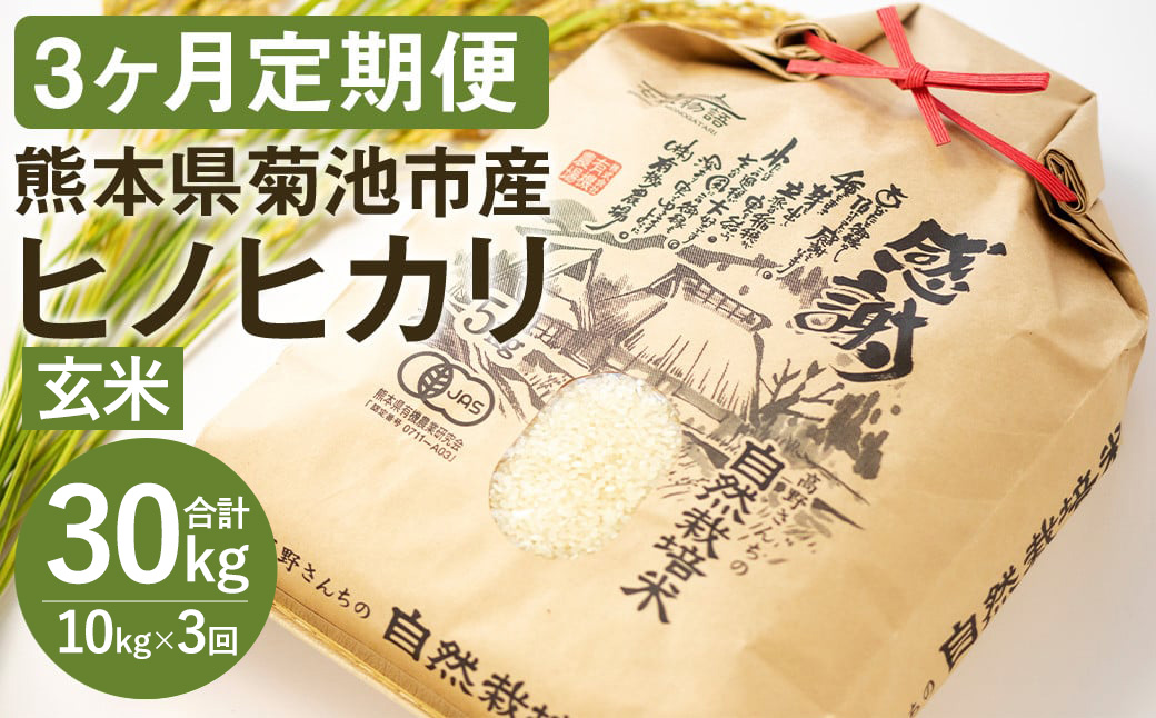 【3ヶ月定期便】【真空パッケージ】熊本県 菊池産 ヒノヒカリ 玄米 10kg 令和7年産《お申込みの翌月から発送予定》七城物語 高野さんちの自然栽培米 米 お米 自然栽培米 特A 国産 九州産 熊本県産 送料無料---045-3036---