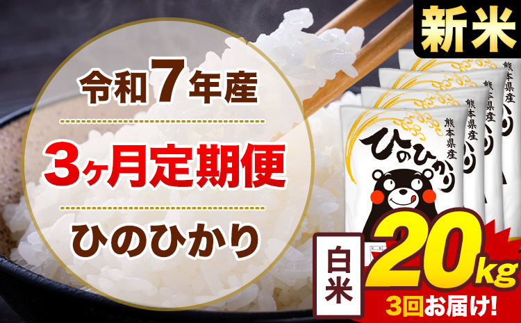 【3ヶ月定期便】新米 令和7年産 白米 20kg 米 ひのひかり《お申込み翌月から出荷》熊本県 菊池市 国産 熊本県産 白米 精米 無洗米 送料無料 ヒノヒカリ こめ お米---300-4253---