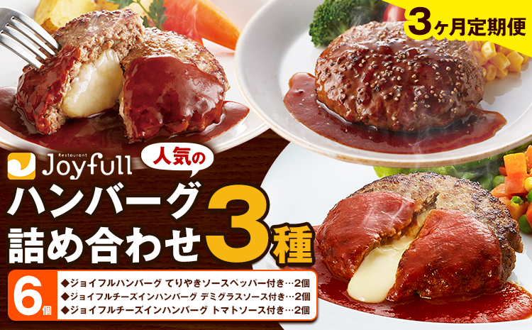 【3ヶ月定期便】ジョイフルハンバーグ 人気の詰め合わせ 6個 生ハンバーグ チーズインハンバーグ 1個120g ソース付き 食べ比べ 3種類 セット 牛肉 ジョイフル 焼くだけ ハンバーグ 惣菜 おかず 冷凍 送料無料《お申込みの翌月出荷予定》---077-3042---