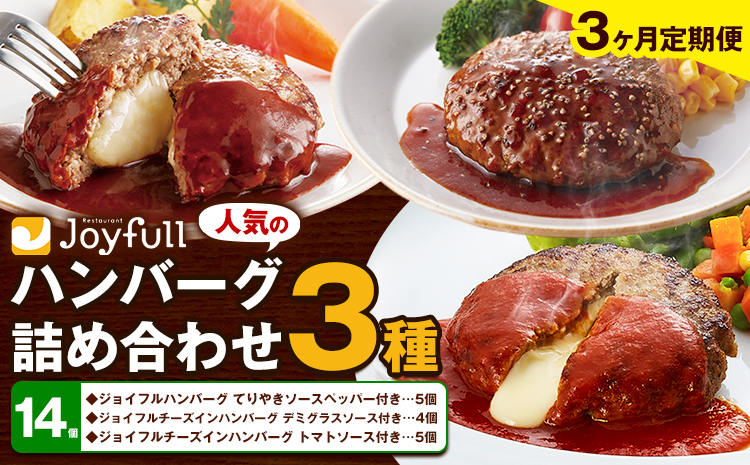 【3ヶ月定期便】ジョイフルハンバーグ 人気の詰め合わせ 14個 生ハンバーグ チーズインハンバーグ 1個120g ソース付き 食べ比べ 3種類 セット 牛肉 ジョイフル 焼くだけ ハンバーグ 惣菜 おかず 冷凍 送料無料《お申込みの翌月出荷予定》---077-3045---