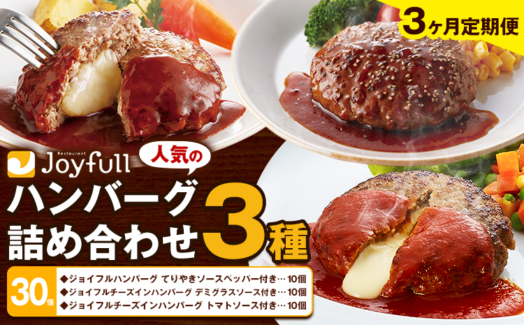 【3ヶ月定期便】ジョイフルハンバーグ 人気の詰め合わせ 30個 生ハンバーグ チーズインハンバーグ 1個120g ソース付き 食べ比べ 3種類 セット 牛肉 ジョイフル 焼くだけ ハンバーグ 惣菜 おかず 冷凍 送料無料《お申込みの翌月出荷予定》---077-3048---