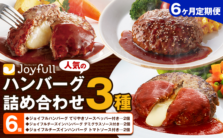 【6ヶ月定期便】ジョイフルハンバーグ 人気の詰め合わせ 6個 生ハンバーグ チーズインハンバーグ 1個120g ソース付き 食べ比べ 3種類 セット 牛肉 ジョイフル 焼くだけ ハンバーグ 惣菜 おかず 冷凍 送料無料《お申込みの翌月出荷予定》---077-3043---