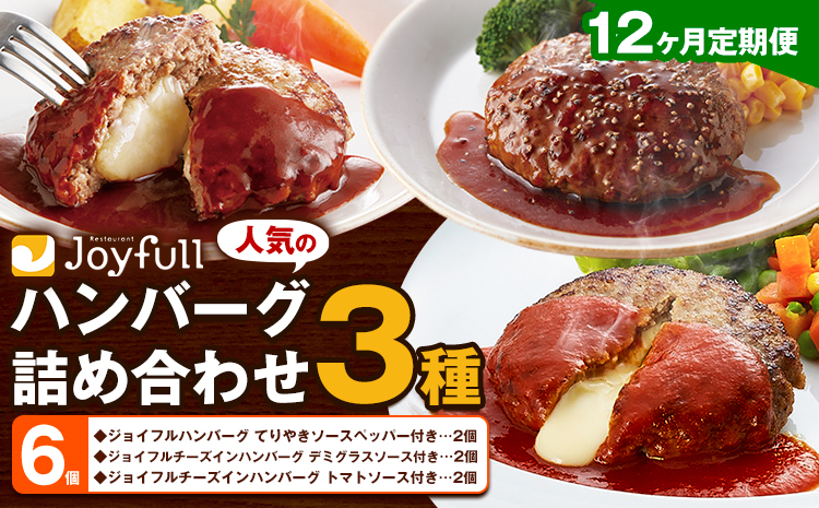 【12ヶ月定期便】ジョイフルハンバーグ 人気の詰め合わせ 6個 生ハンバーグ チーズインハンバーグ 1個120g ソース付き 食べ比べ 3種類 セット 牛肉 ジョイフル 焼くだけ ハンバーグ 惣菜 おかず 冷凍 送料無料《お申込みの翌月出荷予定》---077-3044---
