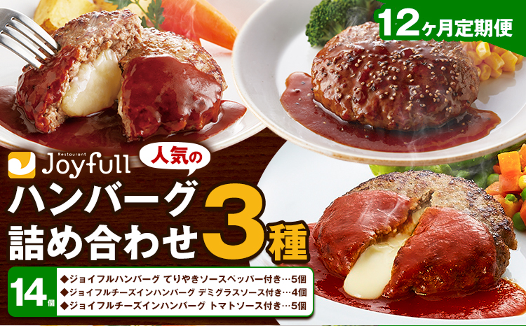 【12ヶ月定期便】ジョイフルハンバーグ 人気の詰め合わせ 14個 生ハンバーグ チーズインハンバーグ 1個120g ソース付き 食べ比べ 3種類 セット 牛肉 ジョイフル 焼くだけ ハンバーグ 惣菜 おかず 冷凍 送料無料《お申込みの翌月出荷予定》---077-3047---