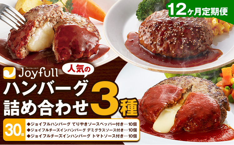 【12ヶ月定期便】ジョイフルハンバーグ 人気の詰め合わせ 30個 生ハンバーグ チーズインハンバーグ 1個120g ソース付き 食べ比べ 3種類 セット 牛肉 ジョイフル 焼くだけ ハンバーグ 惣菜 おかず 冷凍 送料無料《お申込みの翌月出荷予定》---077-3050---