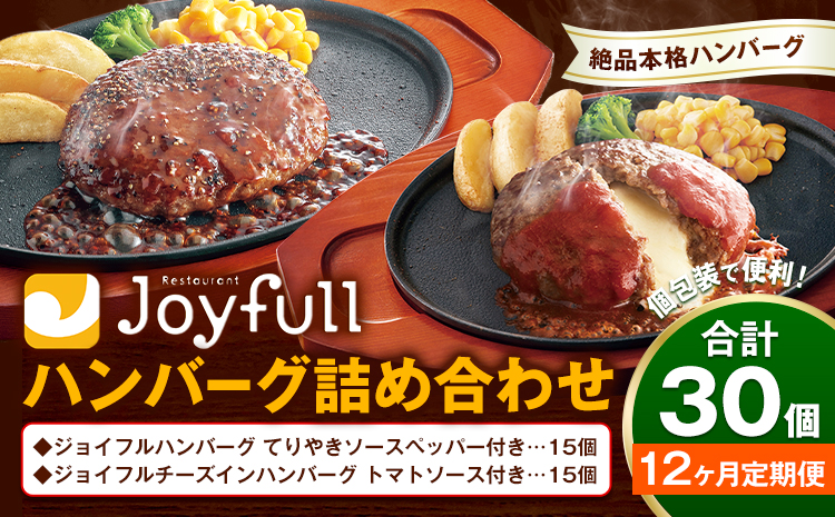【12ヶ月定期便】ジョイフルハンバーグ アソート詰め合わせ 合計30個 2種類×各15個 生ハンバーグ チーズインハンバーグ てりやきペッパーハンバーグ おかず 牛肉 冷凍 送料無料《お申込みの翌月出荷予定》---077-3053---