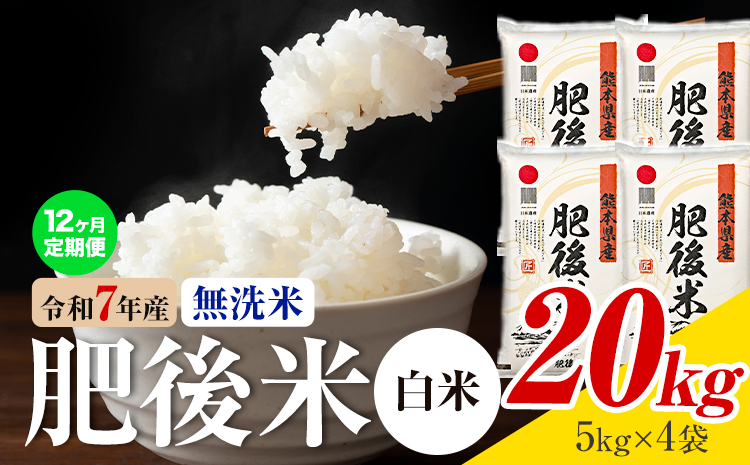 【12ヶ月定期便】熊本県産 肥後米 無洗米 白米 20kg 1袋5kg 米 お米 令和7年産 九州産 熊本県産 送料無料《お申込み翌月に出荷予定》 無洗米 白米 米---026-3007mo12---