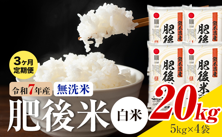 【3ヶ月定期便】熊本県産 肥後米 無洗米 白米 20kg 1袋5kg 米 お米 令和7年産 九州産 熊本県産 送料無料《お申込み翌月に出荷予定》 無洗米 白米 米---026-3007mo3---