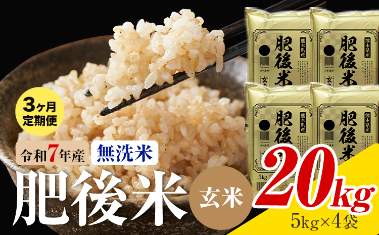 【3ヶ月定期便】熊本県産 肥後米 無洗米 玄米 20kg 1袋5kg 米 お米 令和7年産 九州産 熊本県産 送料無料《お申込み翌月に出荷予定》玄米 無洗米 米---026-3014mo3---