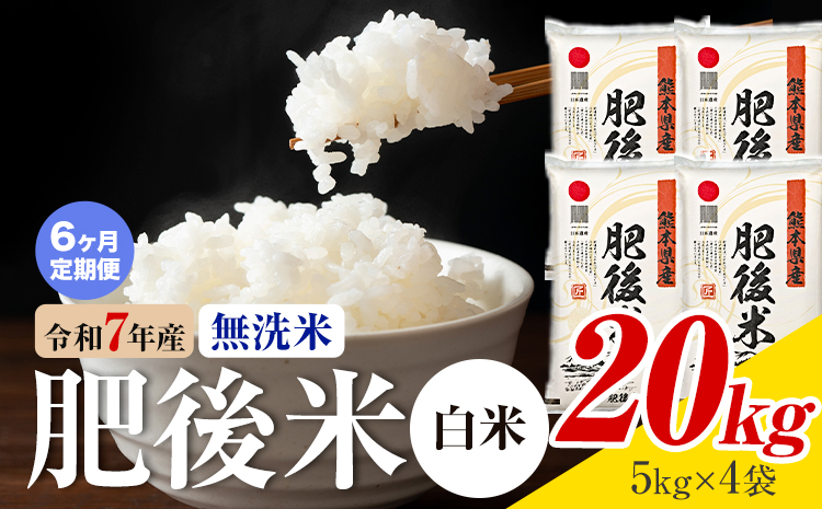 【6ヶ月定期便】熊本県産 肥後米 無洗米 白米 20kg 1袋5kg 米 お米 令和7年産 九州産 熊本県産 送料無料《お申込み翌月に出荷予定》 無洗米 白米 米---026-3007mo6---