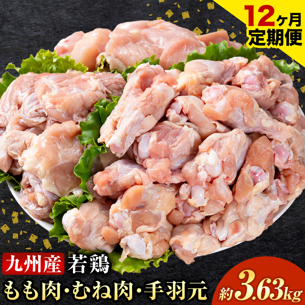 【12ヶ月定期便】 九州産 若鶏もも肉(310g×3袋) ムネ肉(600g×2袋) 手羽元 セット(500g×3袋) 計3.63kg 鶏肉 肉 鶏 手羽 手羽元 唐揚げ 詰め合わせ セット 冷凍 九州 国産 熊本県 菊池市 送料無料《お申し込みの翌月から出荷》---0146-3063---