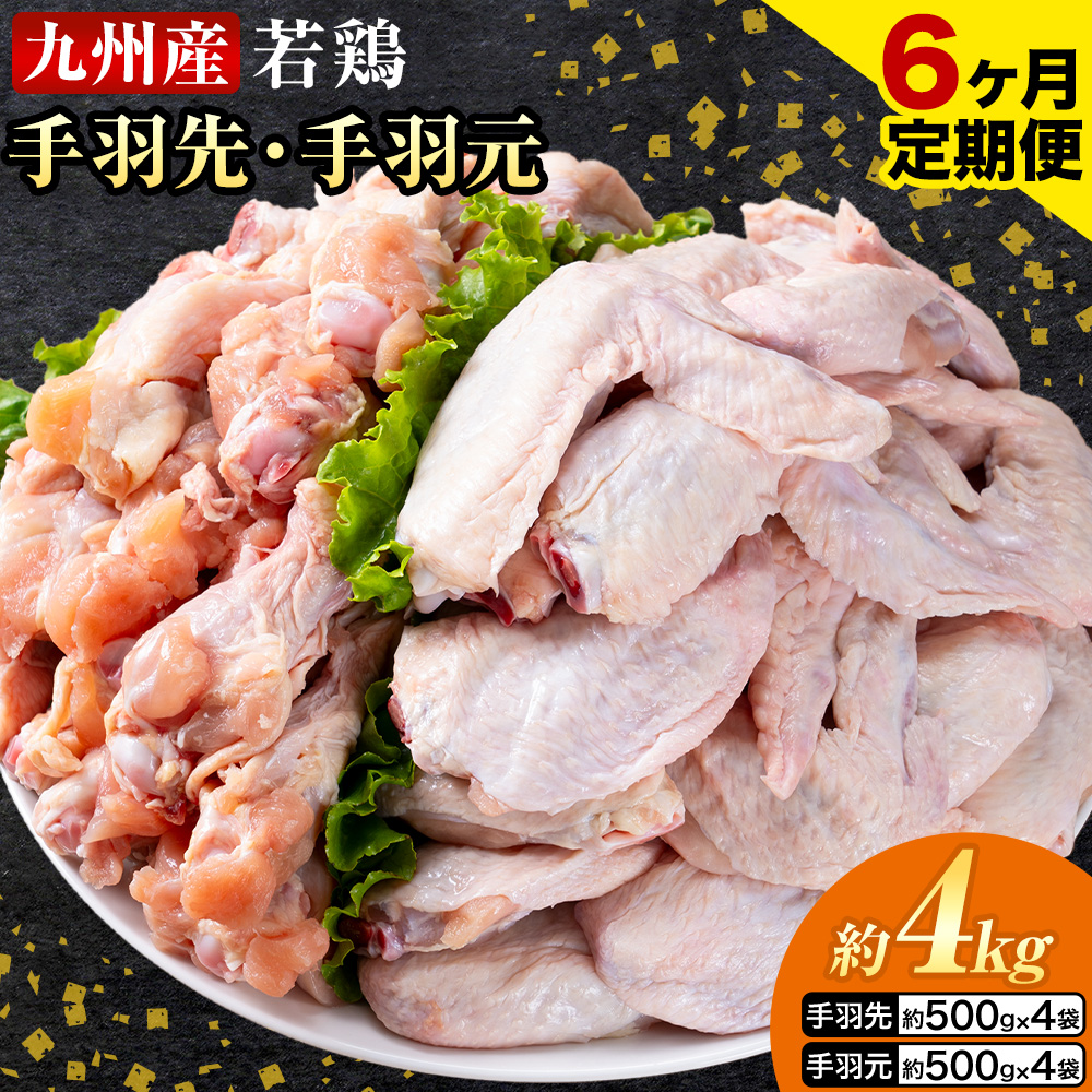 【6ヶ月定期便】 九州産 手羽先（500g×4袋）・手羽元（500g×4袋）セット 計4kg 鶏肉 肉 鶏 手羽 唐揚げ 詰め合わせ セット 冷凍 九州 国産 熊本県 菊池市 送料無料《お申し込みの翌月から出荷》---0146-3083---
