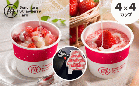 74-37　園村苺園完熟冷凍いちご！「ぷち苺」と「さら苺」各4カップ　練乳付き In くまモンの箱入り