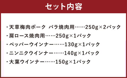 （飼育期間中）完全無薬！ 梅肉エキス肥育 天草梅肉ポーク 焼肉 5種セット 1.17kg 豚バラ 肩ロース ロース ウインナー 豚肉 お肉 肉 セット 詰め合わせ 食べ比べ バーベキュー BBQ お取り寄せ 冷凍 熊本県 上天草市