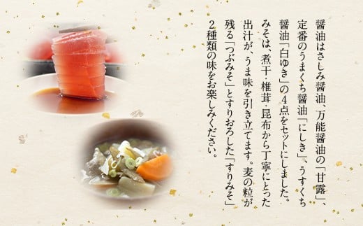 【マルホン醤油】濃厚しょうゆ４種類４本と田舎みそ２種２ｋｇセット