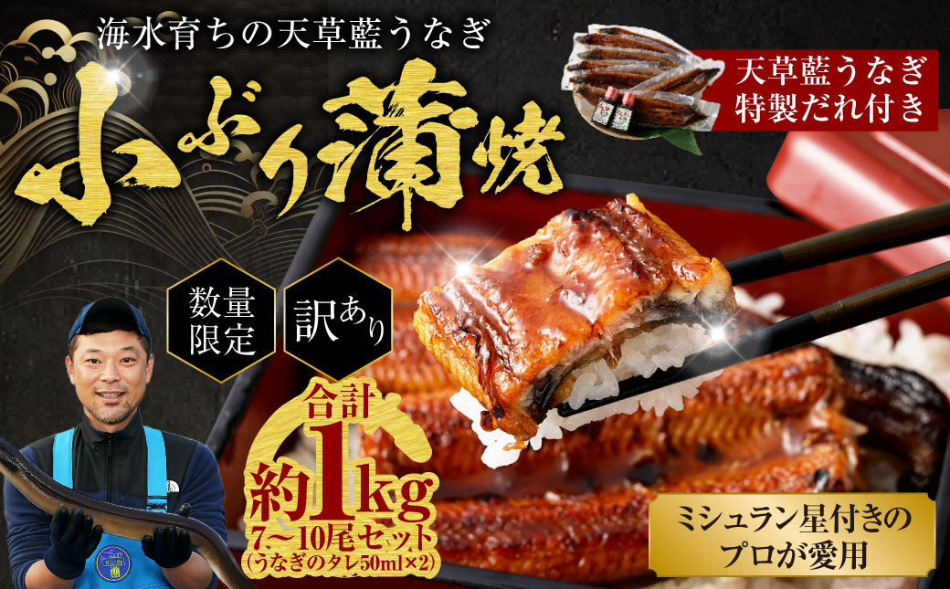 【数量限定】 【訳あり】 【ミシュラン星付きのプロが愛用】海水育ちの 天草 藍うなぎ 小ぶり 蒲焼 1kg（7～10尾） 養殖期間中 無投薬 鰻 ウナギ うなぎ うなぎ蒲焼 鰻の蒲焼 国産