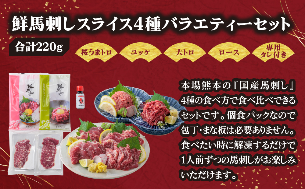 【国産】新鮮馬刺し バラエティー 4種 食べ比べセット 計220g 桜うまとろ ユッケ 大トロ ロース 千興ファーム 肉 人気 美味しい 小分け 新鮮 特産品 ヘルシー 高タンパク おすすめ 冷凍 お中元 御歳暮 プレゼント 贈答用 熊本県 阿蘇市