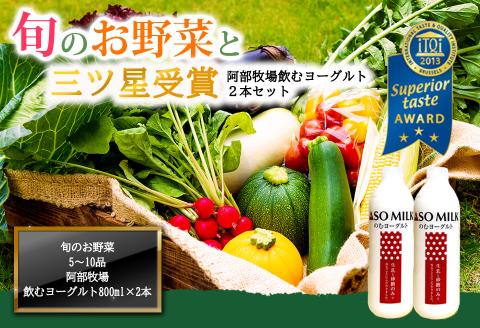 季節のお野菜セットと阿部牧場のむヨーグルト800ml×2本 詰め合わせ 三ツ星 新鮮 旬 産地直送 採れたて 朝採れ みずみずしい 甘い 美味しい 人気 安心 安全 おすすめ お中元 御歳暮 熊本県 阿蘇市