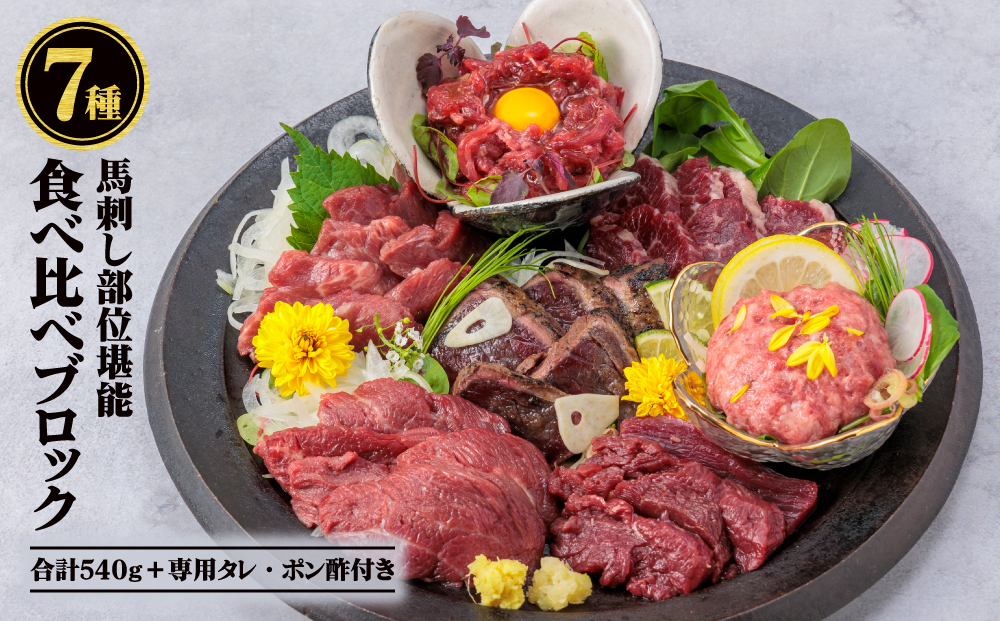 【国産】部位堪能 7種 馬刺し 食べ比べ ブロック 計540g 千興ファーム 霜降りロース 赤身 ヒレ タタキ 桜うまトロ ユッケ 肉 人気 美味しい 小分け 新鮮 特産品 ヘルシー 高タンパク お中元 御歳暮 プレゼント 贈答用 熊本県 阿蘇市