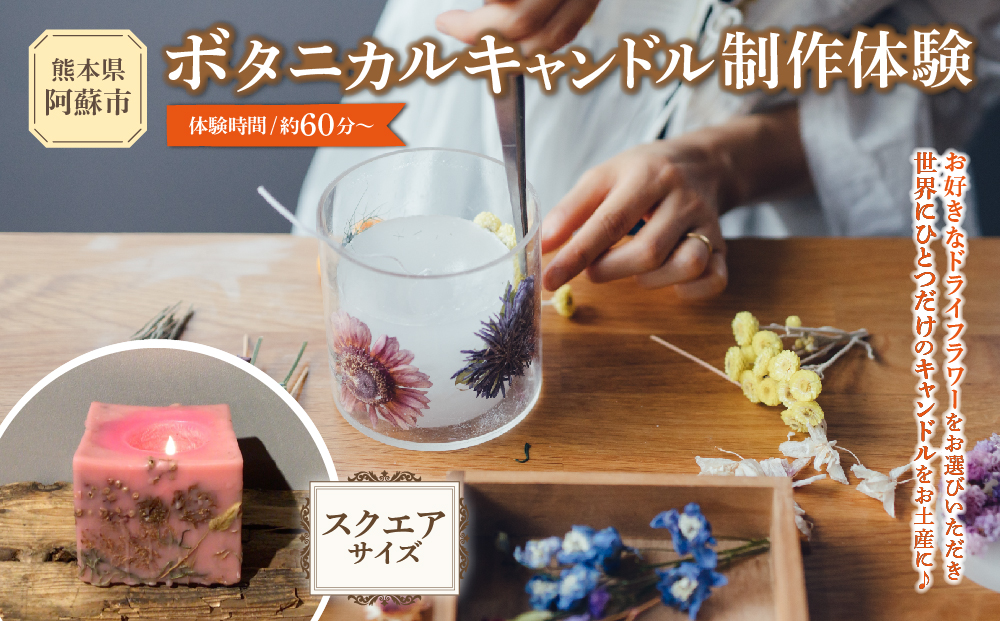 【熊本県阿蘇市】ボタニカルキャンドル制作体験 （スクエアサイズ） 1つ制作 熊本・阿蘇の草花を使ったお好きなドライフラワーをお選びいただき世界で一つだけのオリジナルキャンドル制作が出来る