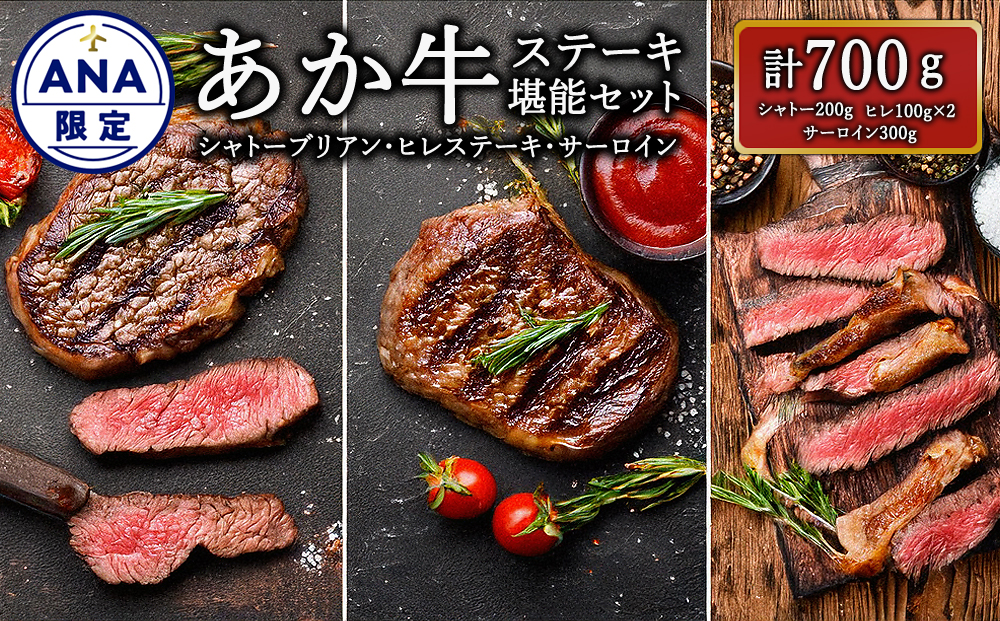 【ANA限定】あか牛 ステーキ 3種 堪能セット（シャトーブリアン ヒレステーキ サーロイン） ANAオリジナル ANA限定 ブランド 牛肉 精肉 希少部位 冷凍 国産 人気 豪華 贅沢 食べ比べ 詰め合わせ ギフト 贈答用 おすすめ お中元 お歳暮 熊本県 阿蘇市