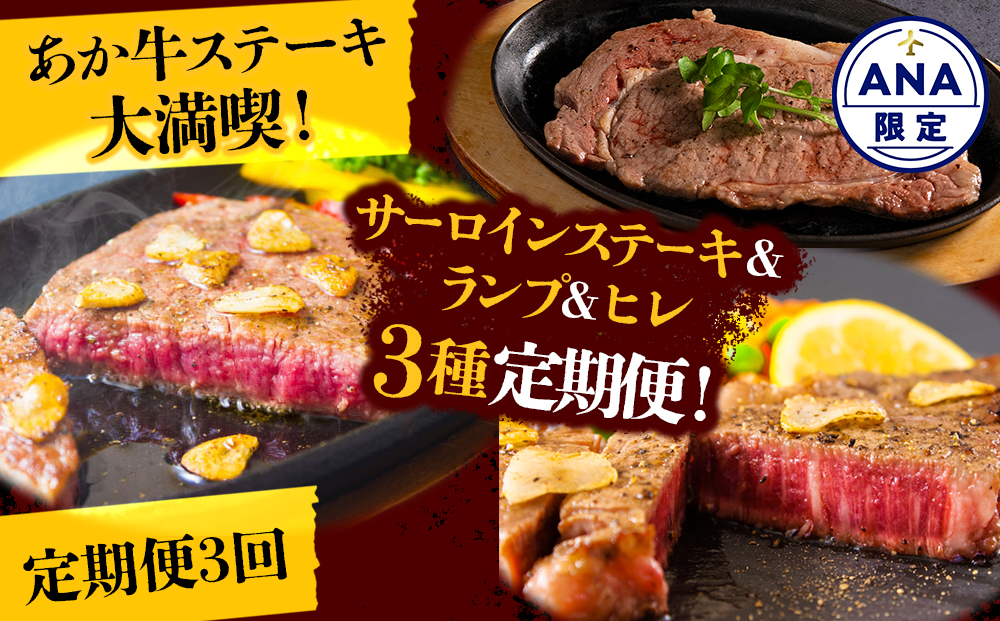 【定期便 全3回】【ANA限定】あか牛 ステーキ 定期便（ヒレステーキ ランプステーキ サーロイン） ANAオリジナル ANA限定 ブランド 冷凍 牛肉 精肉 希少部位 国産 人気 豪華 贅沢 食べ比べ ギフト 贈答用 おすすめ お中元 お歳暮 クリスマス 熊本県 阿蘇市