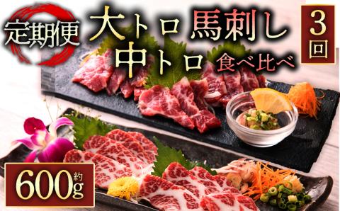 [定期便 全3回]霜降り馬刺しの食べ比べ約600g(大トロ馬刺し・中トロ馬刺し各約300g)を毎月お届け 醤油・生姜の小袋付き 桜屋 馬刺し 肉 定期便 馬肉 霜降り 大トロ 中トロ 醤油 生姜 セット 食べ比べ 人気 特産品 名物 熊本県 阿蘇市