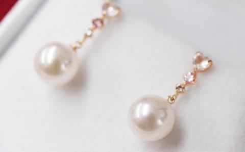 S085-298_ホワイトトパーズ ローズクォーツ ピンクトルマリン スタッド ピアス 7.5-8mm K18PG 花珠級 半貴石 あこや真珠 ピアス あこや 真珠 プレゼント パール 真珠 akoy