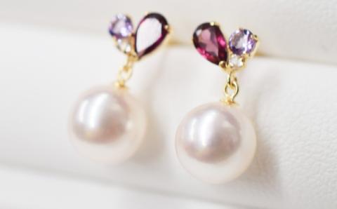 S085-300_7.5-8mm ロードライトガーネット アメジスト ホワイトトパーズ 半貴石 真珠 花珠級 スタッド ピアス 落ちない 揺れる ブラ 18k 18金 金 【K18YG】