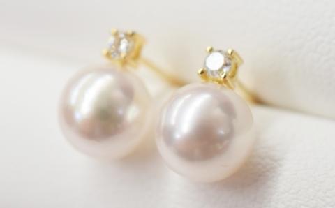 S085-307_7.5-8mm あこや真珠 スタッドピアス ピアス ホワイトピンク K18 ダイヤモンド 0.05ct 【K18YG】 K18YG