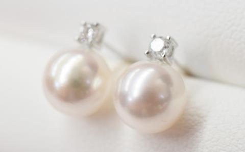 S085-308_7.5-8mm あこや真珠 スタッドピアス ピアス ホワイトピンク K18 ダイヤモンド 0.05ct 【K18WG】 K18WG