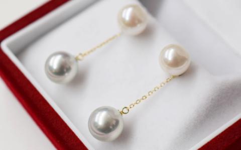 【K18YG】S085-350_NEW 天草産 7.5mm - 8mm × 8mm - 8.5mm 18K ホワイト ピンク ナチュラル あこや真珠 ピアス L字 ダブルパールピアス K18YG