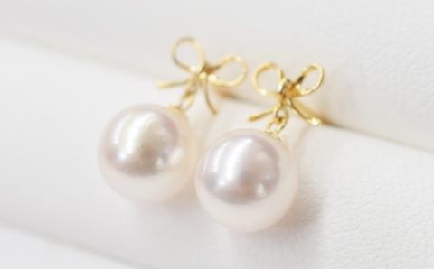 S101-284_7.5-8mm あこや真珠 りぼん リボン スタッドピアス ピアス ピンク 18金 【K18YG】 K18YG