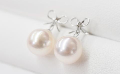 S101-285_7.5-8mm あこや真珠 りぼん リボン スタッドピアス ピアス ピンク 18金 【K14WG】 K14WG