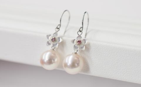 S101-291_7.5-8mm あこや真珠 シェル ピンクトルマリン ブルートパーズ フックピアス フラワー 花柄 半貴石 真珠 ピアス ホワイト ピンク 花珠級 【K14WG】 K14WG