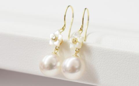 S101-292_7.5-8mm あこや真珠 シェル ピンクトルマリン ブルートパーズ フックピアス フラワー 花柄 半貴石 真珠 ピアス ホワイト ピンク 花珠級 【K18YG】 K18YG