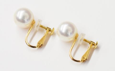 【E：シリコン小 K18YG（イエローゴールド）※直結】S101-307_天草産 9mm - 9.5mm あこや真珠 ホワイトピンク 花珠級 イヤリング パールイヤリング E：シリコン小 K18YG（イエローゴールド）※直結