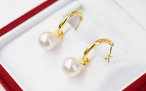 S101-334_あこや真珠 パール ピアス ピンク フープ スタッド 両耳 8mm - 8.5mm【K18YG】 K18YG