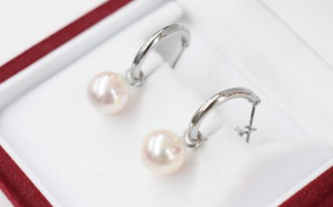 S101-335_あこや真珠 パール ピアス ピンク フープ スタッド 両耳 8mm - 8.5mm【K14WG】 K14WG