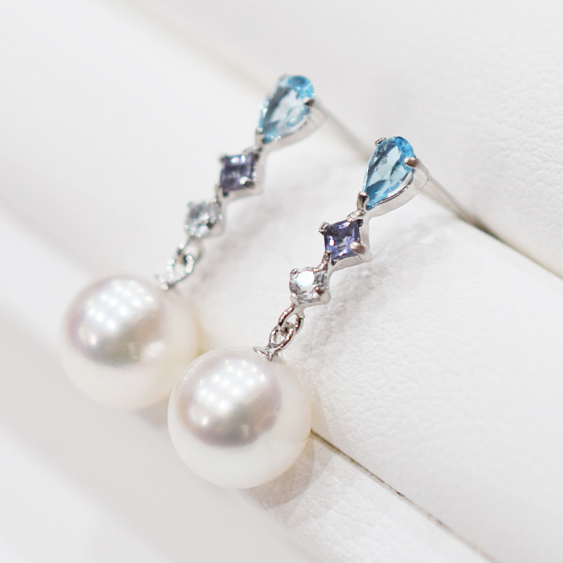 S085-498_あこや真珠 天草 ピアス 半貴石 7.5mm - 8mm ホワイトピンク 真珠