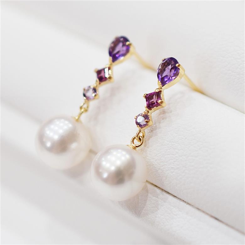 S085-499_あこや真珠 天草 ピアス 半貴石 7.5mm - 8mm ホワイトピンク 真珠