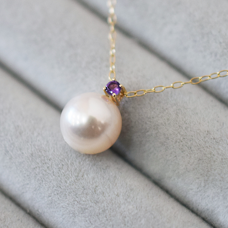 S085-538_あこや真珠 ペンダント ネックレス 8mm - 8.5mm K10 天草 熊本 ホワイトピンク 誕生石 2月 アメシスト 半貴石 本真珠