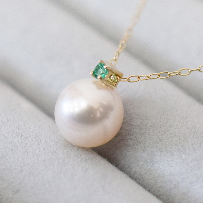 S085-547_あこや真珠 ペンダント ネックレス 8mm - 8.5mm K10 天草 熊本 ホワイトピンク 誕生石 5月 エメラルド 半貴石 本真珠