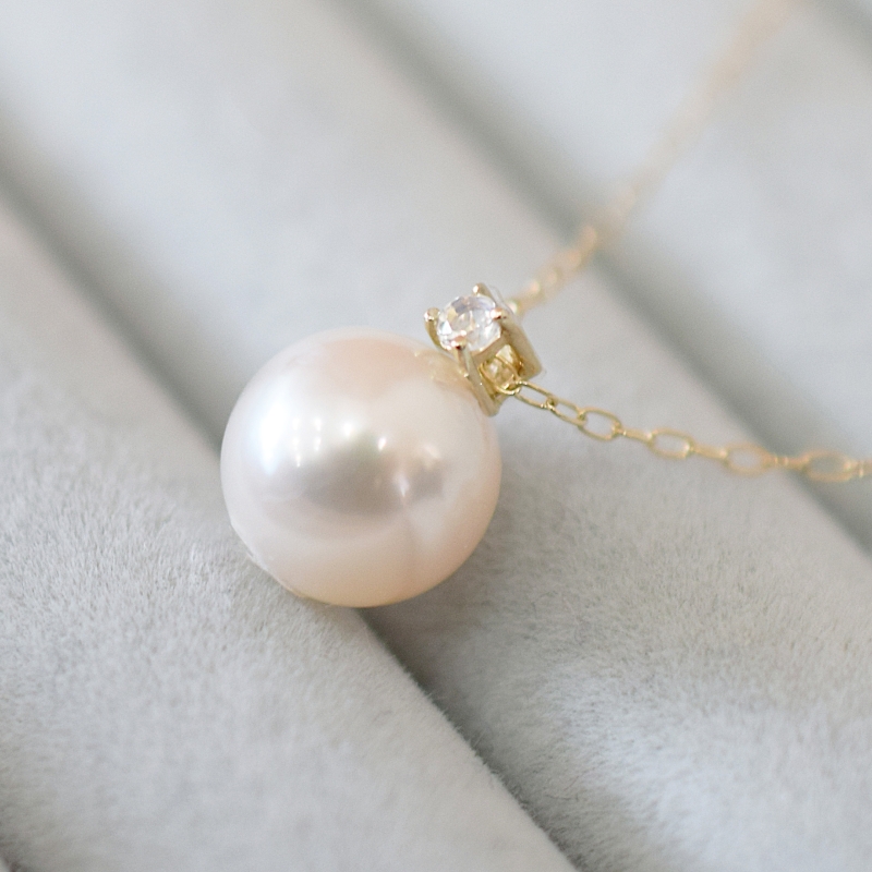 S085-550_あこや真珠 ペンダント ネックレス 8mm - 8.5mm K10 天草 熊本 ホワイトピンク 誕生石 6月 ムーンストーン 半貴石 本真珠